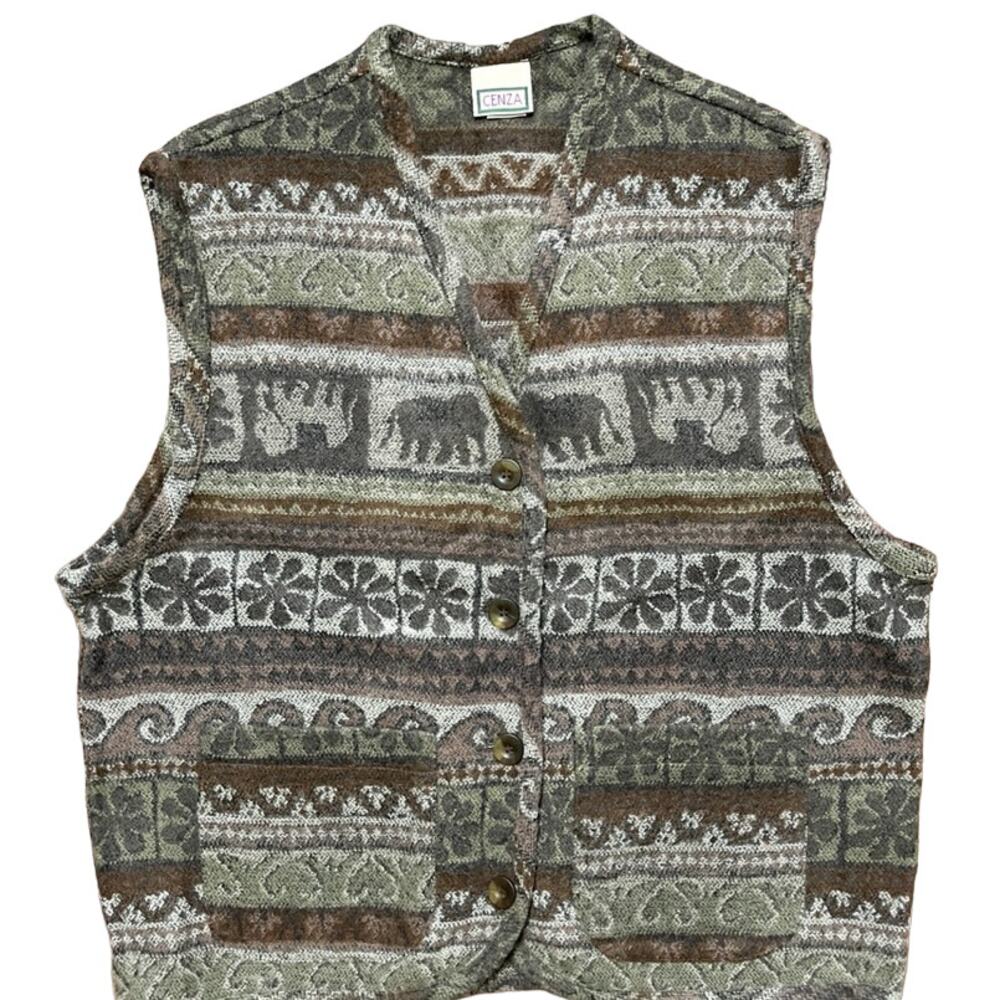 VTG CENZA Wool Blend Retro Hippie Vest  Groovy Print Elephants  SZ L